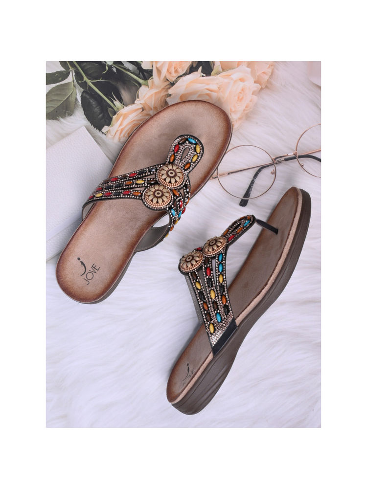 Jove Women Black Ethnic Embellished T-Strap Sandals-picture-25
