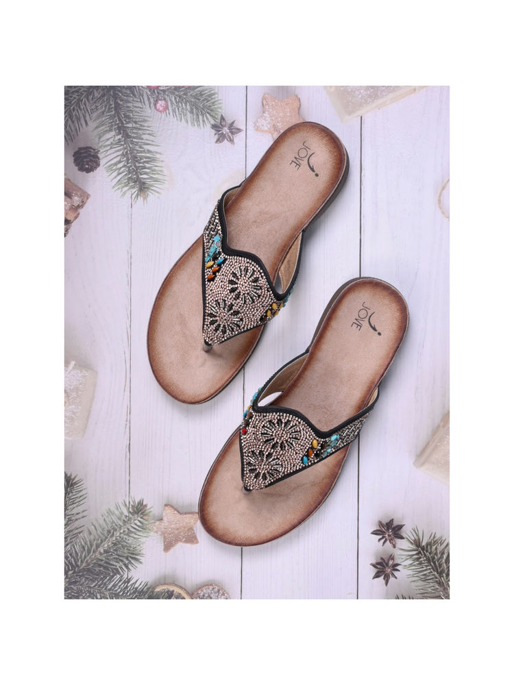 Jove Women Black Ethnic Embellished T-Strap Flats-picture-26