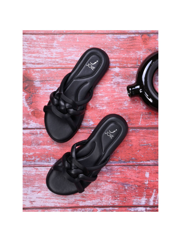 Jove Women Black Solid Open Toe Flatform Sandals-picture-20