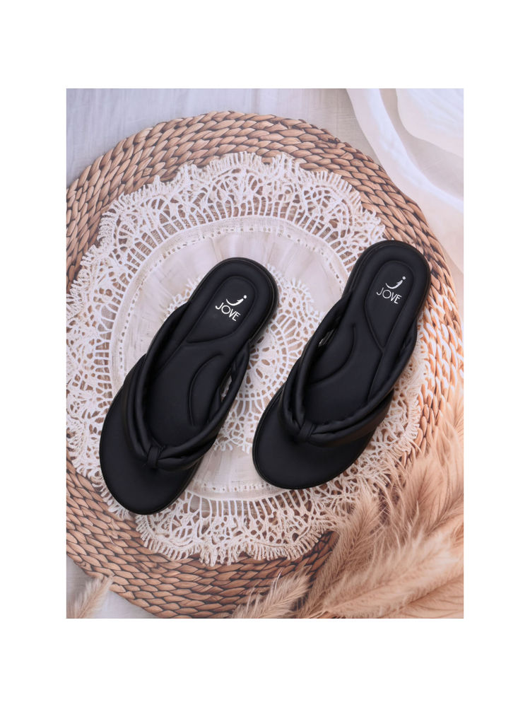 Jove Women Black Solid T-Strap Sandals-picture-12
