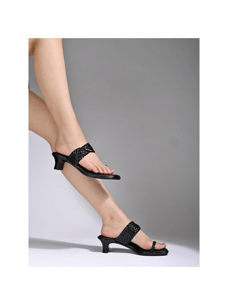 Shoetopia Braided One Toe Black Block Heels for Women-image-31