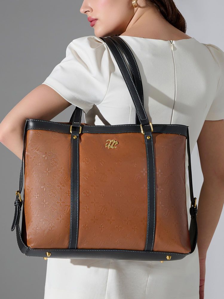 Lavie Signature Sandidge Colorblock Tote Bag With Detachable Strap - Tan (L)-image-10