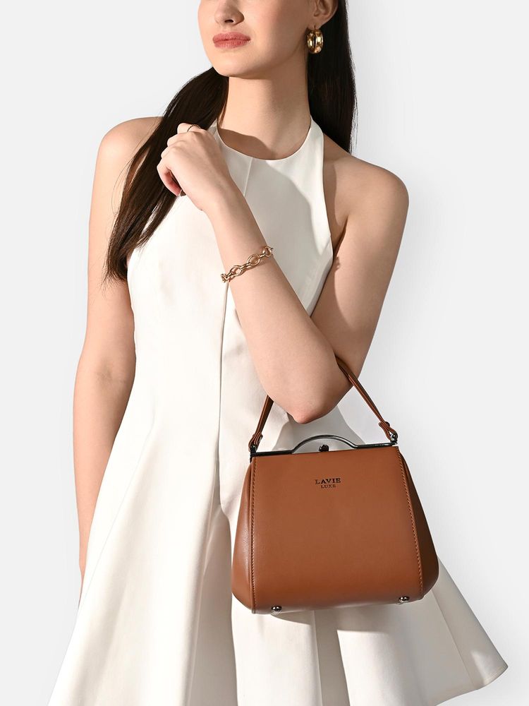 Lavie Luxe Women Fluff26 Frame Satchel Bag With Detachable Strap - Tan (S)-image-39