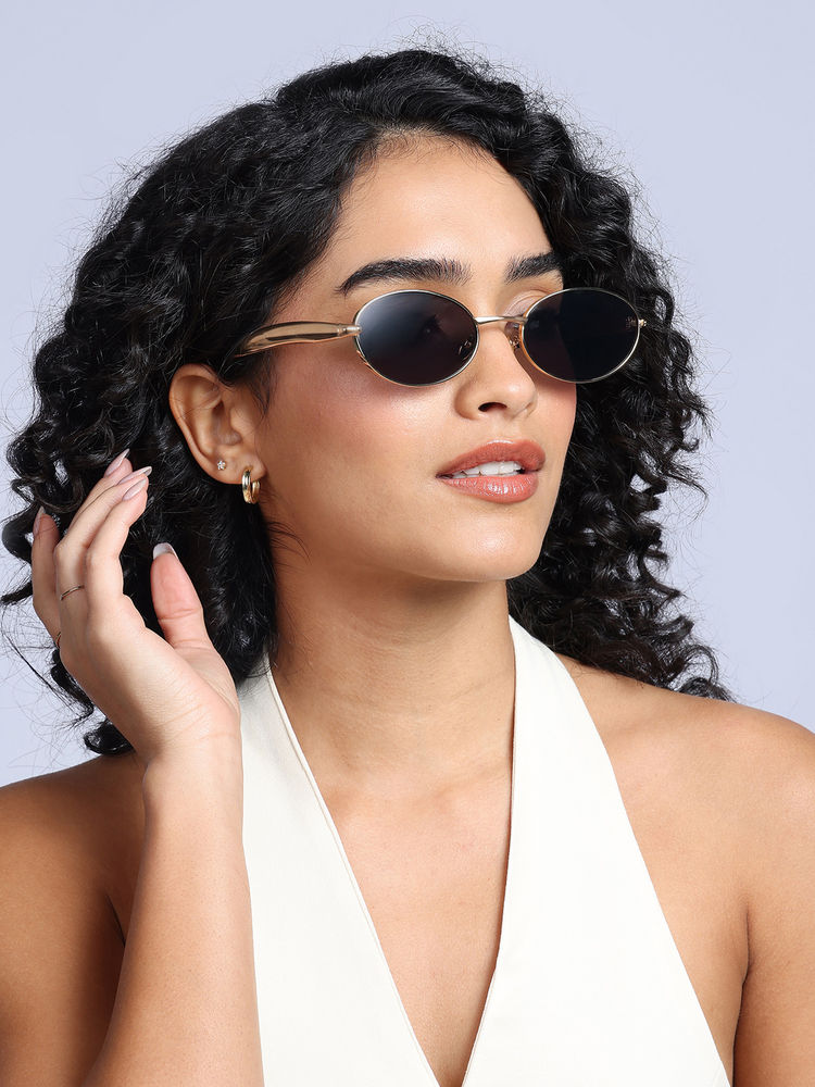 Twenty Dresses by Nykaa Fashion Black & Gold Metal Frame Oval Sunglasses-picture-13