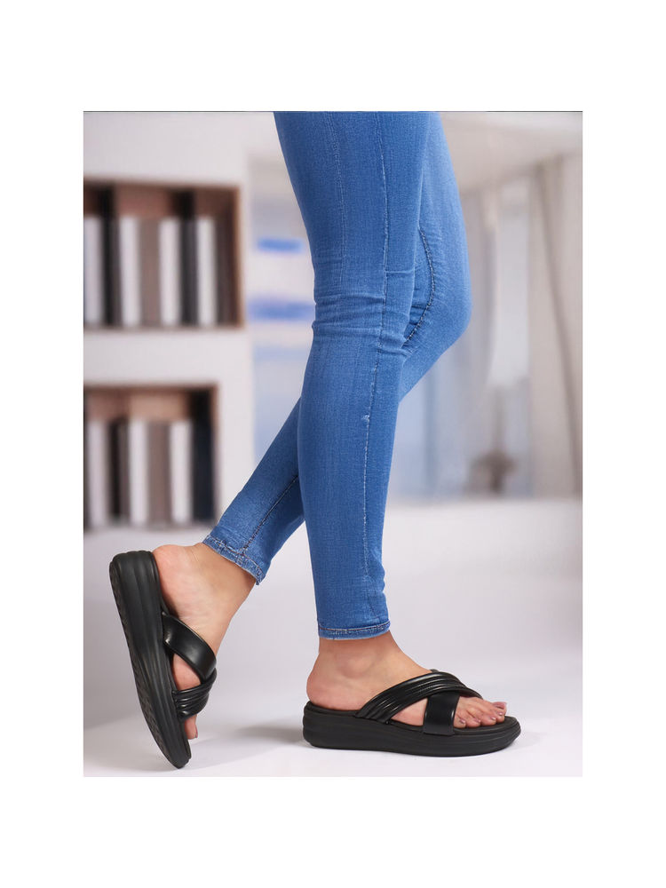 Carlton London Women Padded Crisscross Slip On Wedge Comfortable Black-picture-19