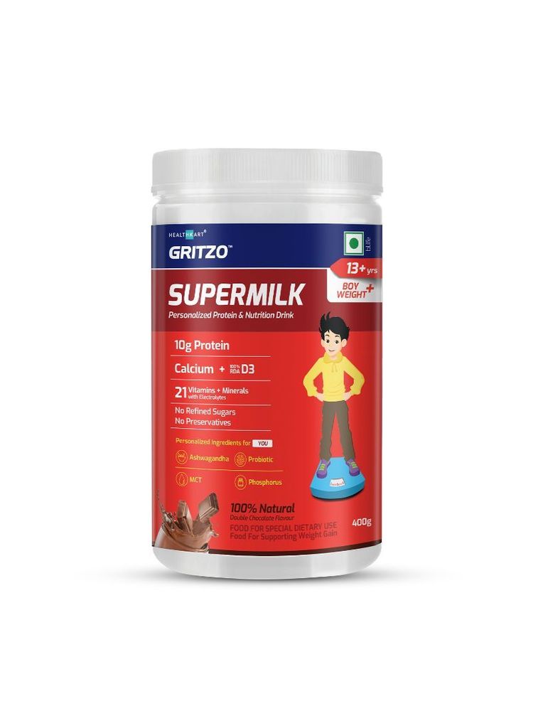 Gritzo SuperMilk Weight+ (13+y Boys),10g Protein with Zero Refined Sugar, Double Chocolate, 400 g-picture-48