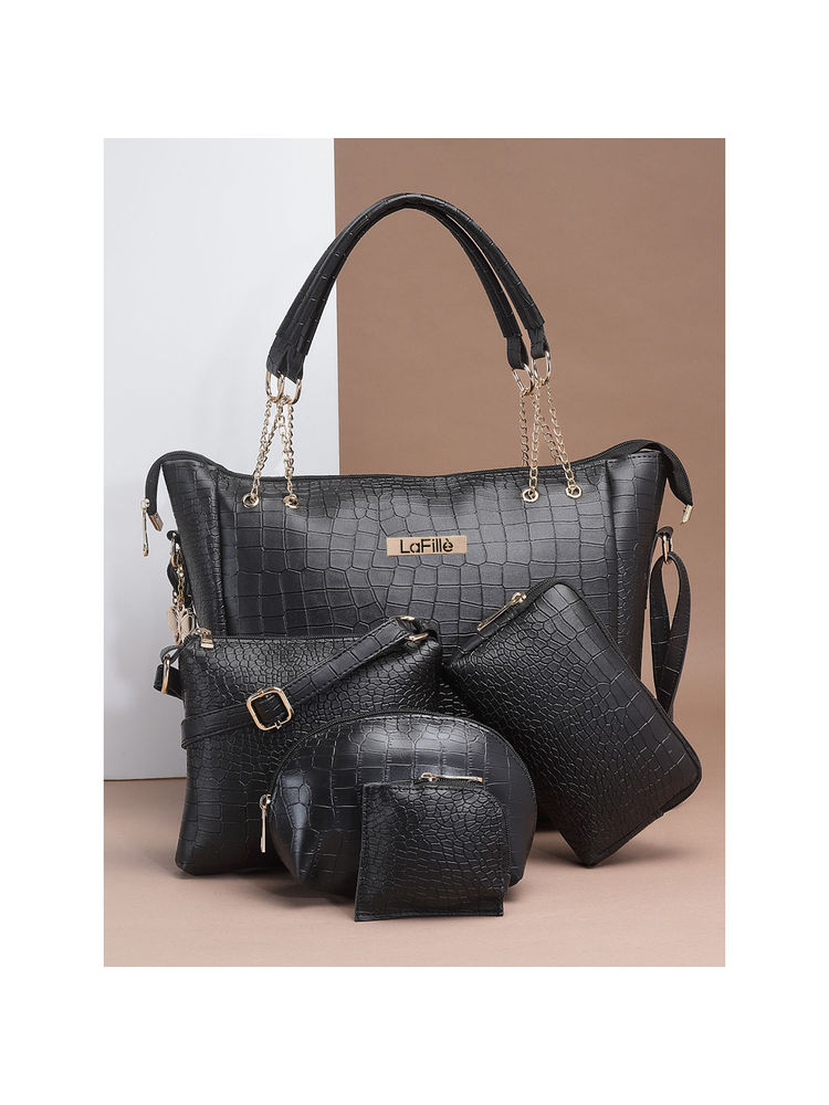 LaFille Black Womens Handbag - Shoulder Bag - Combo Set of 5