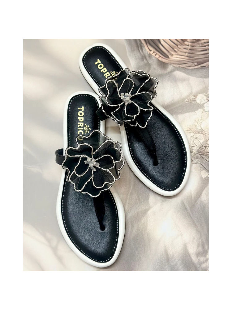Toprico T Strap Beads Embroidered Black Flower Flats-image-36