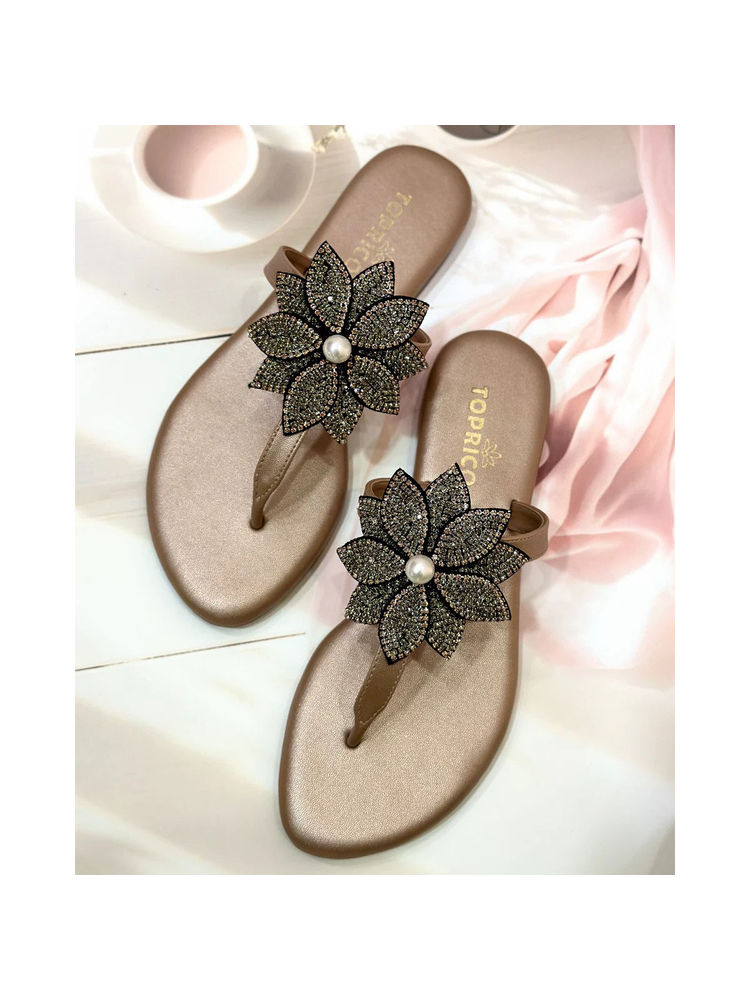 Toprico T Strap Beads Embroidered Rose Gold Flats-image-38