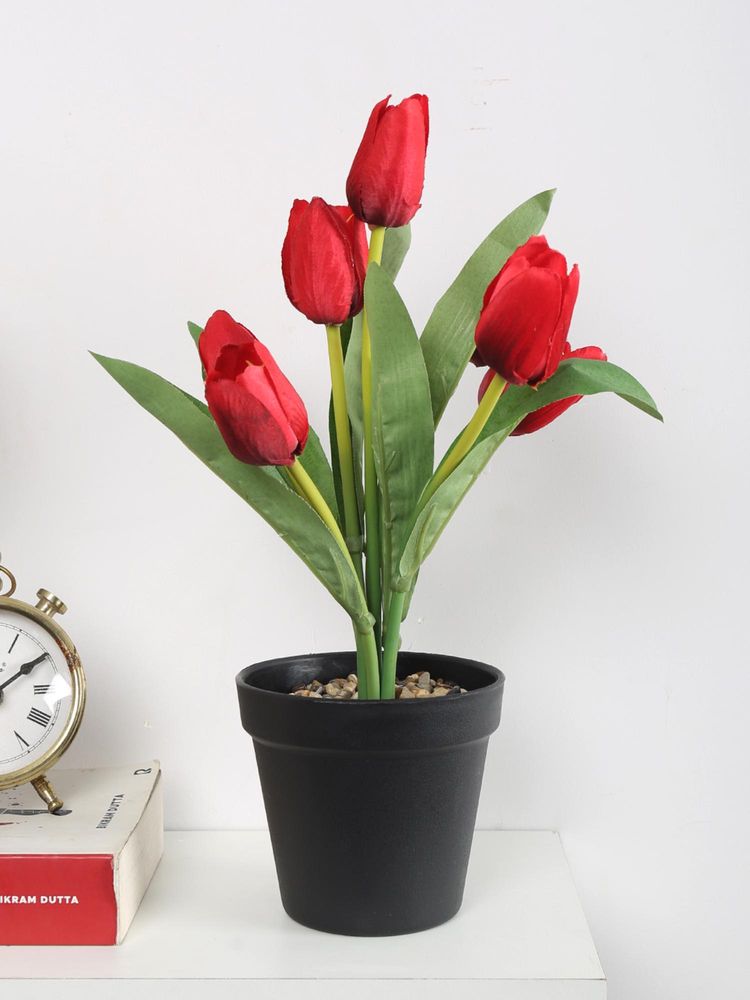 ARICK DECOR Artificial Red Mini Tulip Flower Bonsai Plant with Pot-image-37