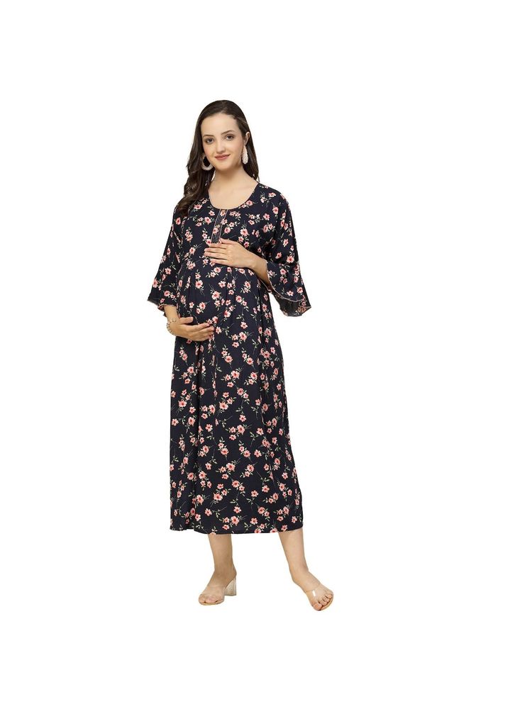 Sweet Dreams Women Floral Print Half Sleeves Maternity Nightdress - Black-picture-24