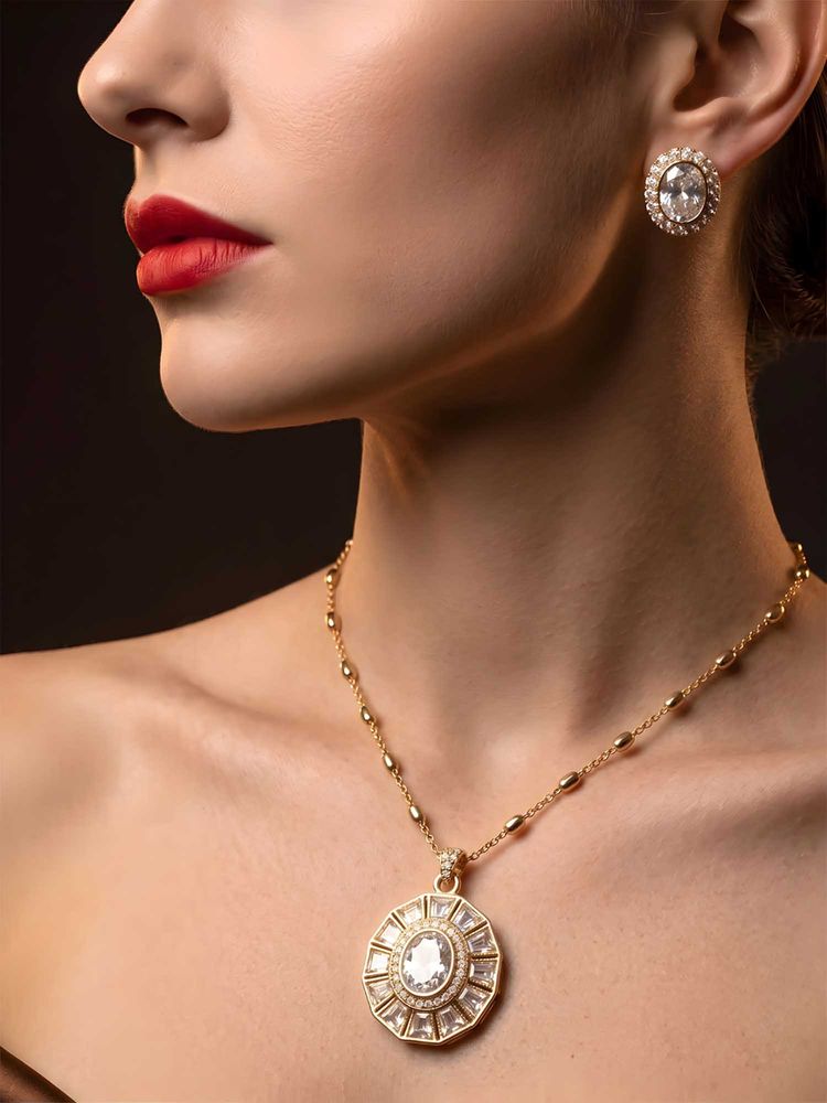 ADIVA White Brass Gold Plated Stones Necklace with Earrings-picture-48