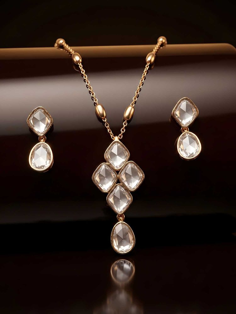 ADIVA White Brass Gold Plated Stones Necklace with Earrings-image-39