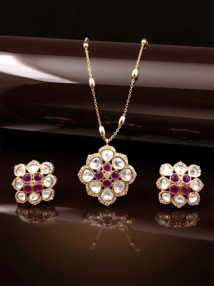 ADIVA Pink Brass Gold Plated Stones Necklace with Earrings-image-37