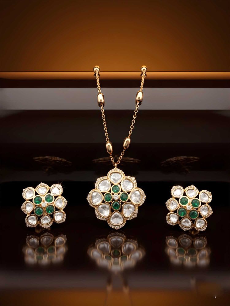 ADIVA Green Brass Gold Plated Stones Necklace with Earrings-picture-33