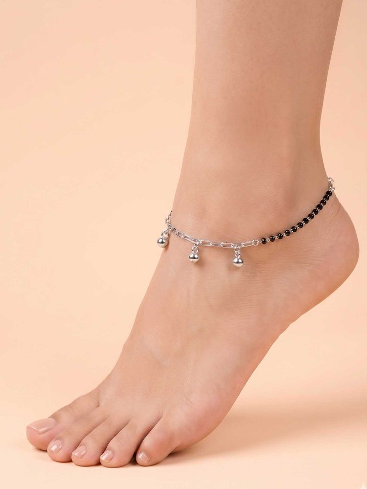 925 SILLER 925 Pure Silver Black Bead and Paperclip Chain Anklet-picture-39