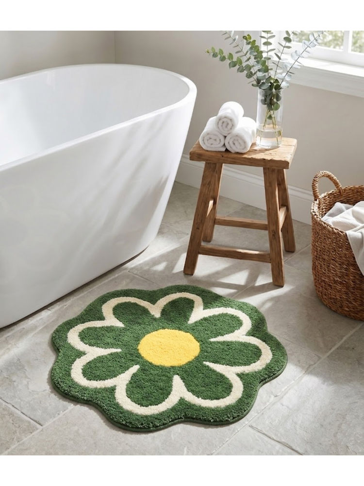 Saral Home Daisy Flower Shaped Microfiber Round Green Bath Mat (M)-image-4