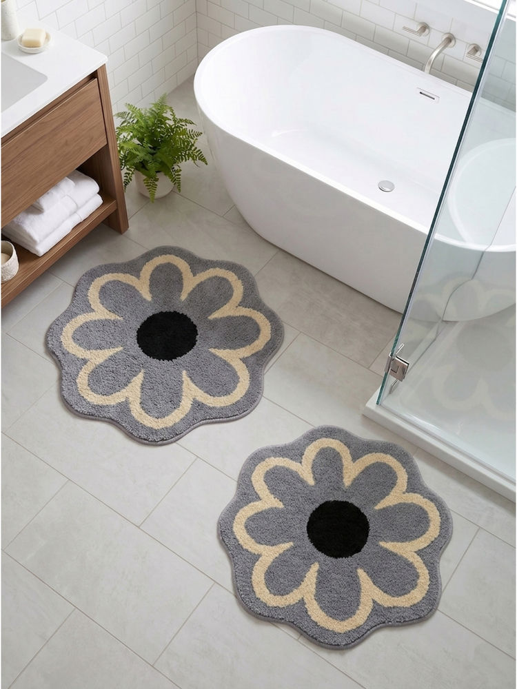 Saral Home Daisy Flower Shaped Microfiber Antiskid Roun Grey Bath Mats (Pack of 2) (M)-image-38
