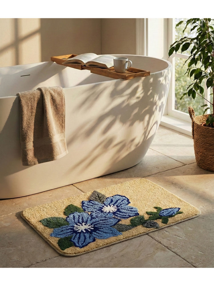 Saral Home Floral Microfiber with Anti-Skid Backing Blue Bath Mat (S)-image-32