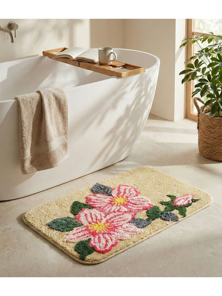 Saral Home Floral Microfiber with Anti-Skid Backing Pink Bath Mat (S)-picture-23
