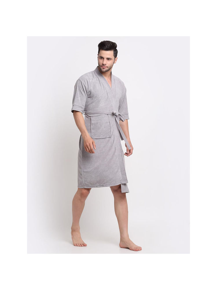 Creeva Unisex Micro Terry Grey Soft and Lightweight Kimono Style Bath Robe-image-4