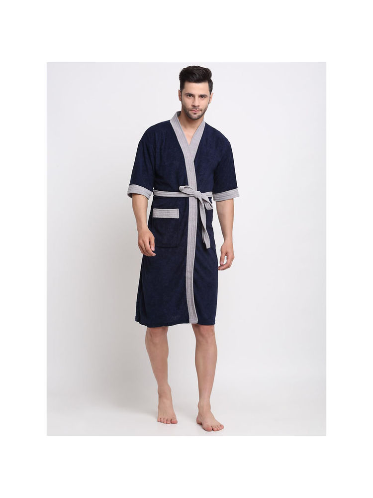 Creeva Unisex Micro Terry Navy Blue Soft and Lightweight Kimono Style Bath Robe
