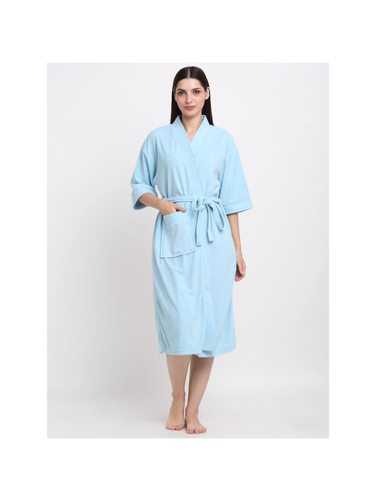 Creeva Unisex Micro Terry Blue Soft and Lightweight Kimono Style Bath Robe-image-49