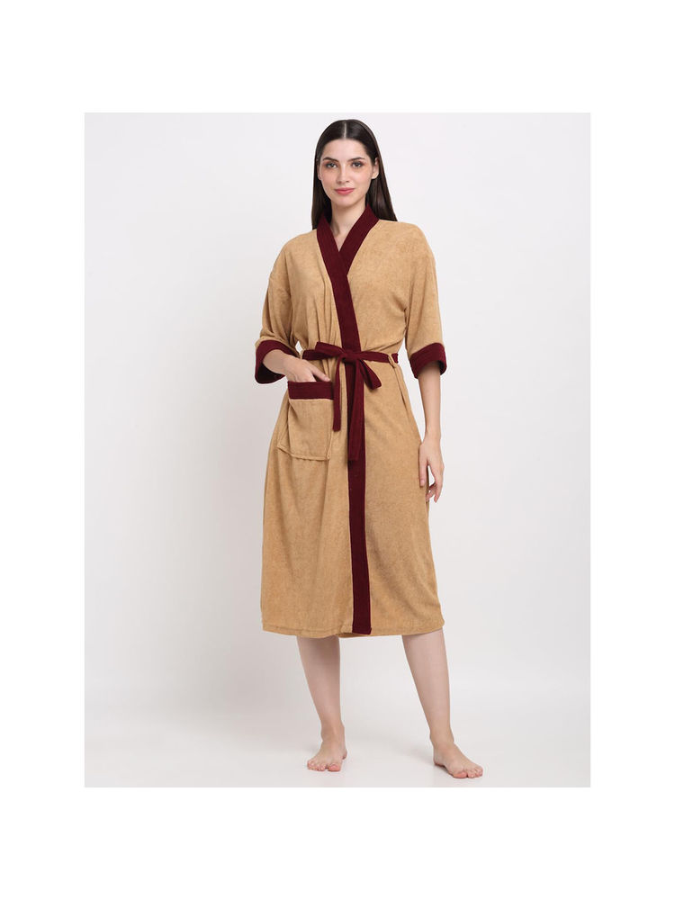 Creeva Unisex Micro Terry Beige Soft and Lightweight Kimono Style Bath Robe-picture-13