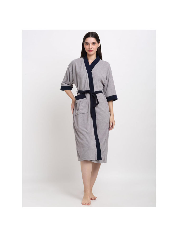 Creeva Unisex Micro Terry Grey Soft and Lightweight Kimono Style Bath Robe-image-5