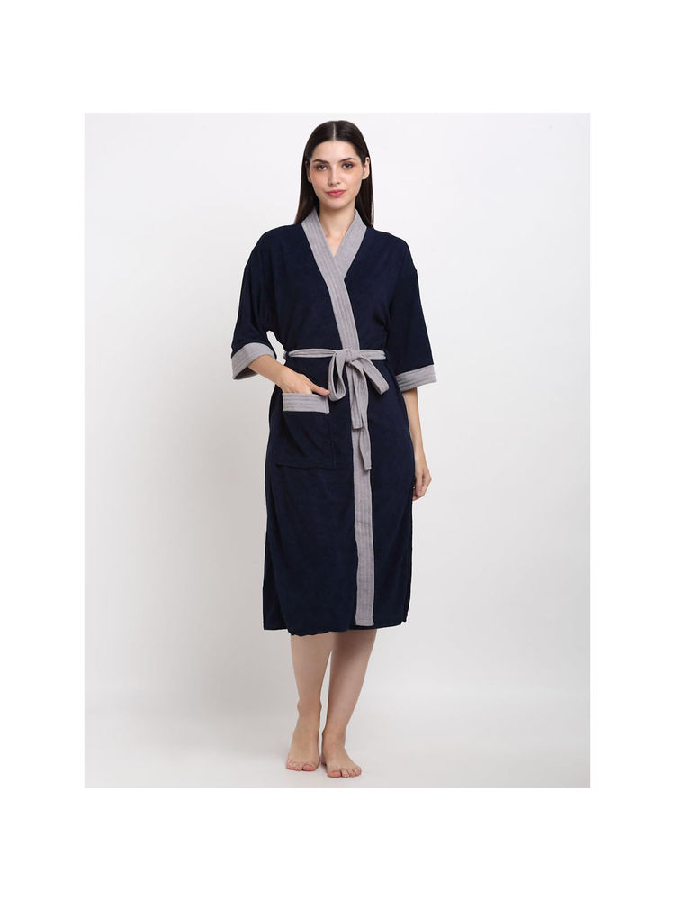 Creeva Unisex Micro Terry Navy Blue Soft and Lightweight Kimono Style Bath Robe-image-25