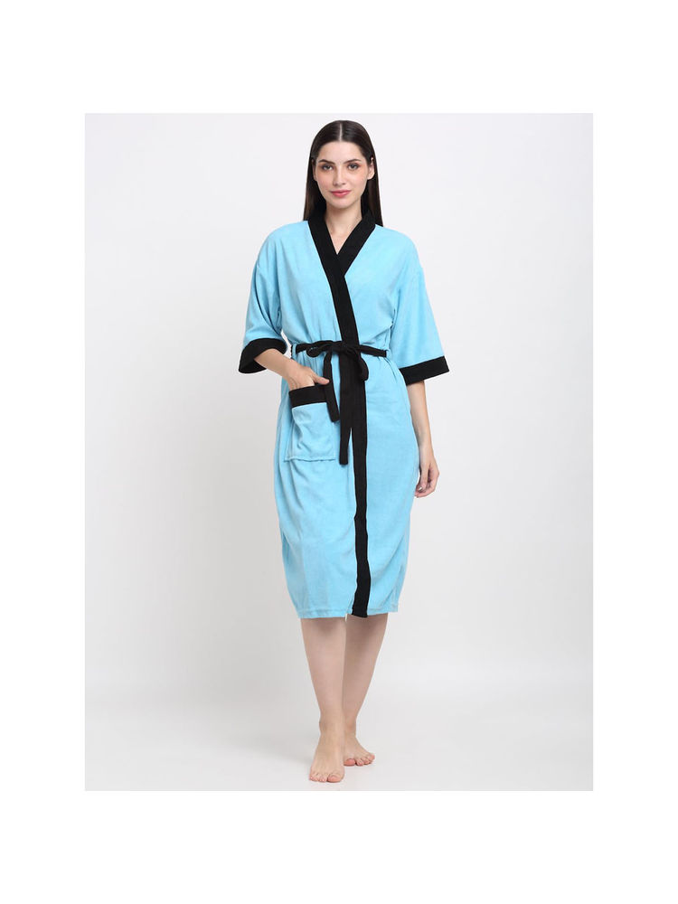 Creeva Unisex Micro Terry Bath Robe Turquoise Soft and Lightweight Kimono Style Bath Robe-image-47