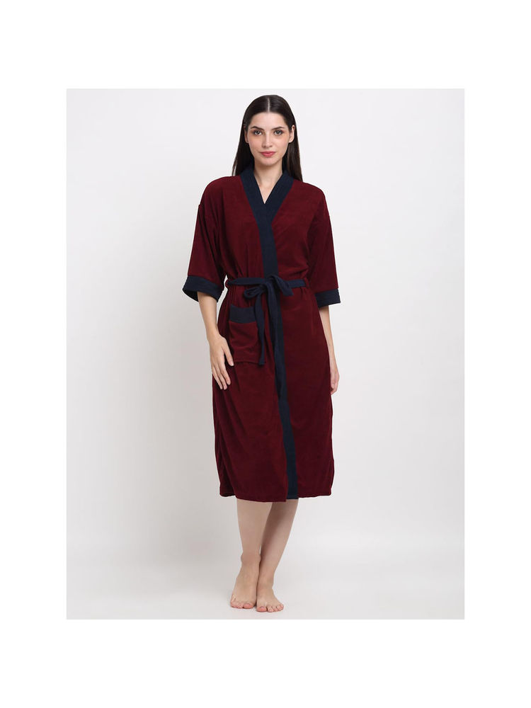 Creeva Unisex Micro Terry Maroon Soft and Lightweight Kimono Style Bath Robe-image-15