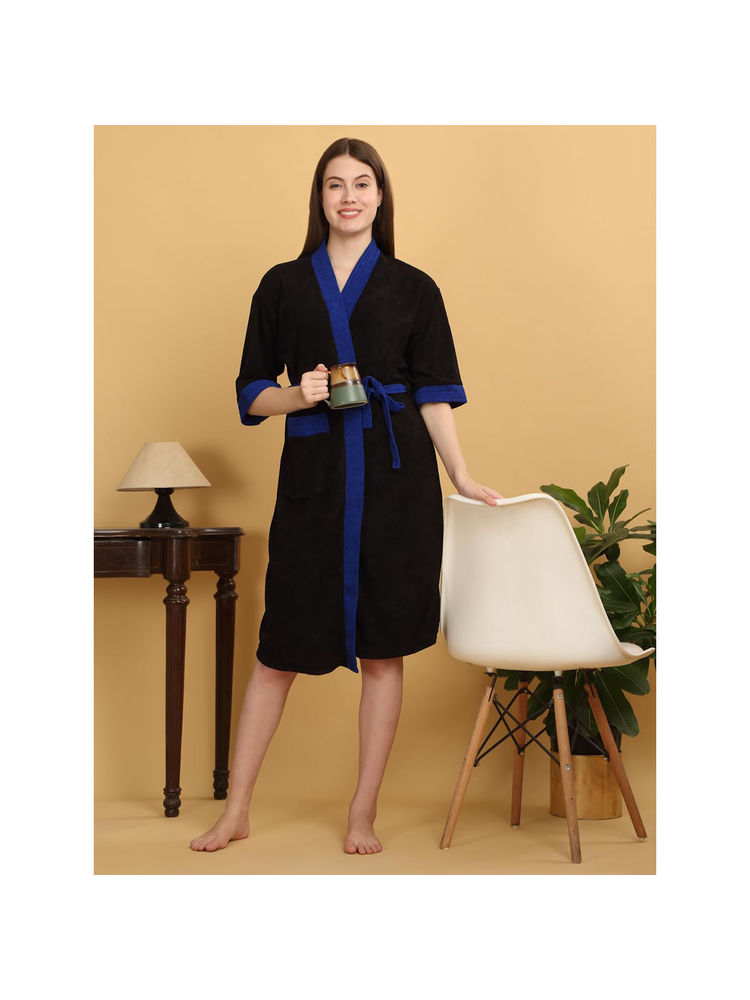 Creeva Unisex Micro Terry Black Soft and Lightweight Kimono Style Bath Robe-image-21