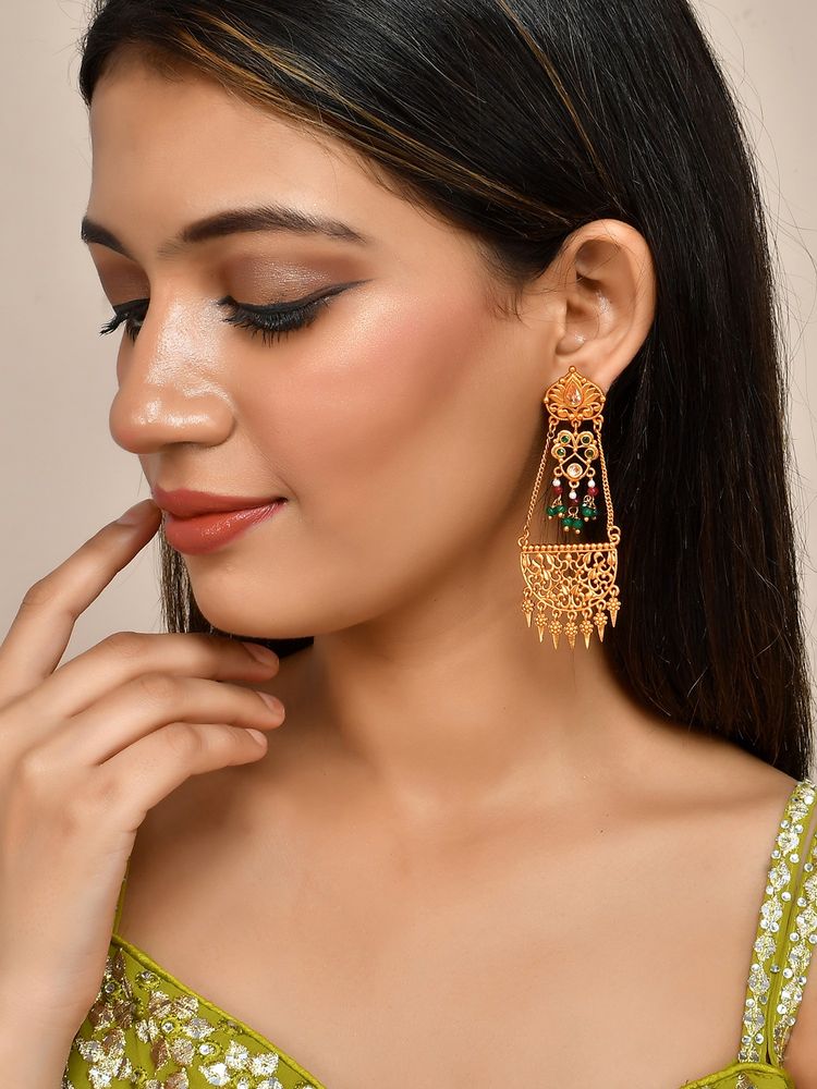 Voylla Abharan Cutwork Design Beaded Drop Earrings-picture-9