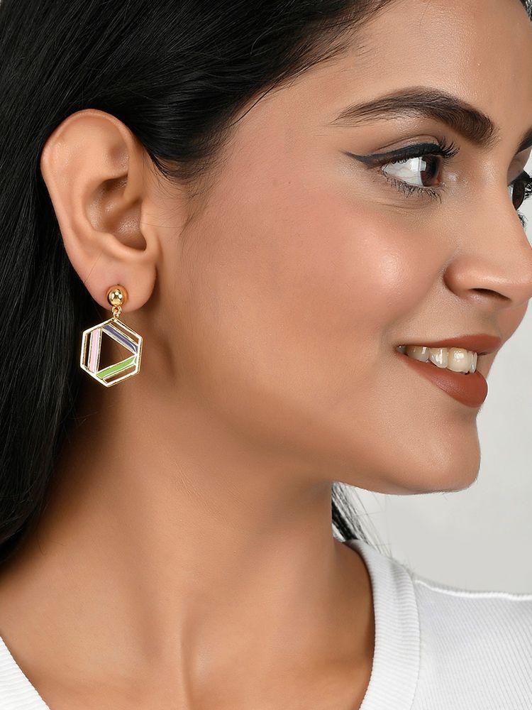 Voylla Benzene Enamelled Hexagon Drop Earrings-picture-27