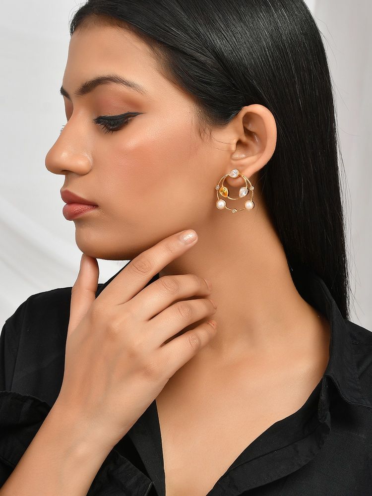 Voylla Mother'S Day Half Pearl and Pear Shaped Stone Studded Statement Earrings-image-49