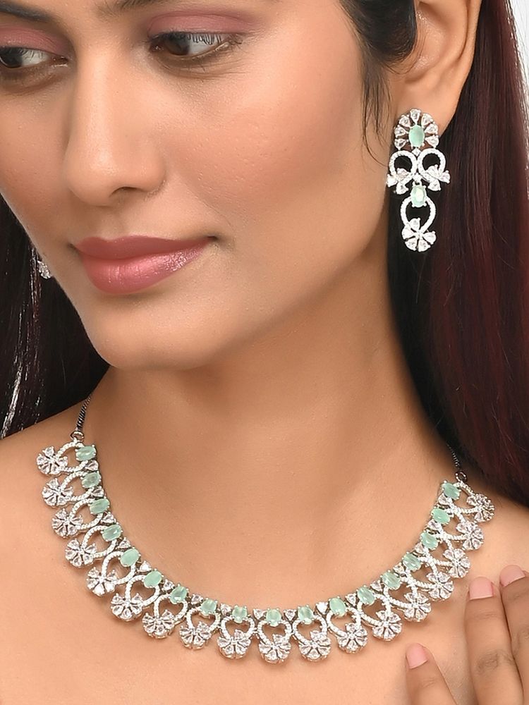 Voylla Floral Motifs Pink and White CZ Adorned Brass Silver Plated Jewellery Set-picture-49