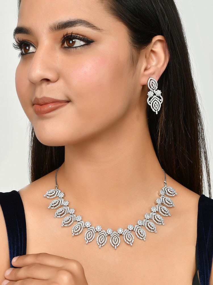 Voylla Cz Elegance Silver Plated Leafy Necklace Set-picture-15