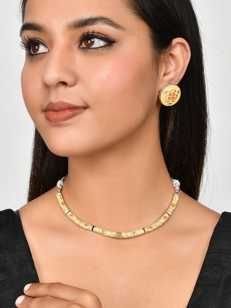 Voylla Enamelled Elegance Yellow Floral Gold-Plated Necklace Set-picture-19