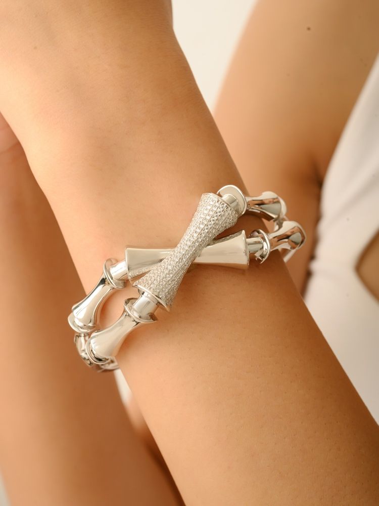 METALM 925 Silver Adjustable Cuff Bangle With Cz Diamonds And Unique Bamboo Design-image-38