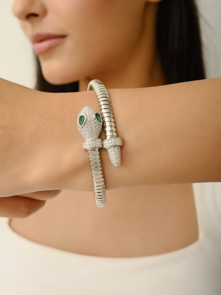 METALM Unique Snake Pattern 925 Silver Open Kada In White Gold Finish-image-44