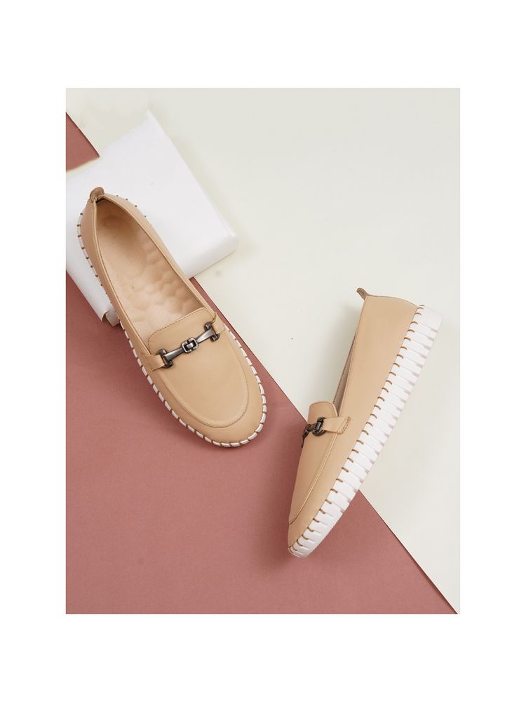 Sherrif Shoes Women Slip-On Beige Loafers with Gold-Tone H-Buckle