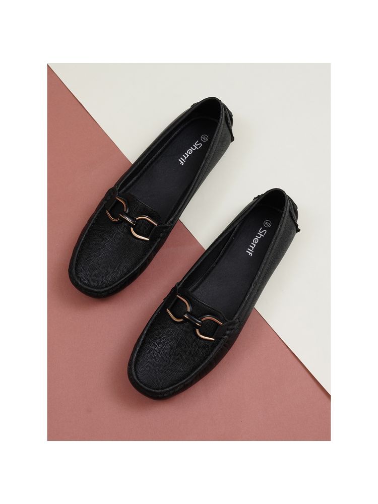 Sherrif Shoes Women Solid Black Loafers with Gunmetal Horsebit Detail-image-19