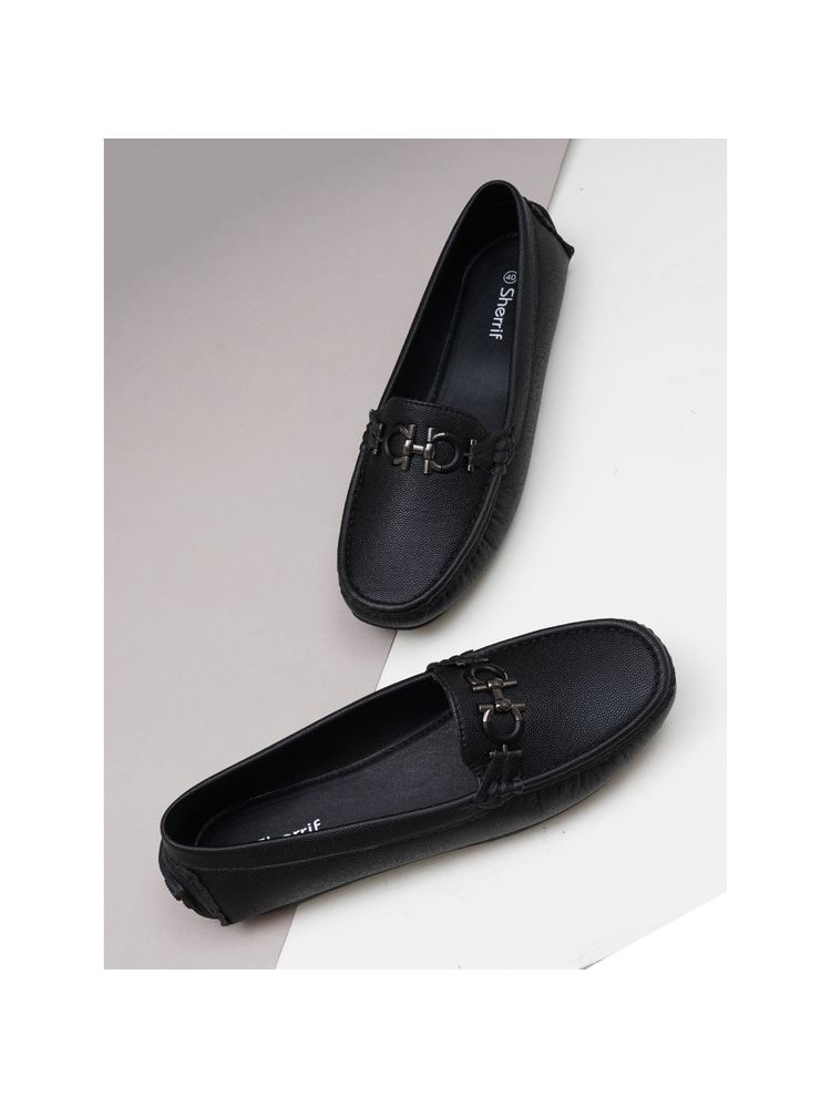 Sherrif Shoes Women Solid Black Loafers with Dual Metal Bit Detail-picture-23