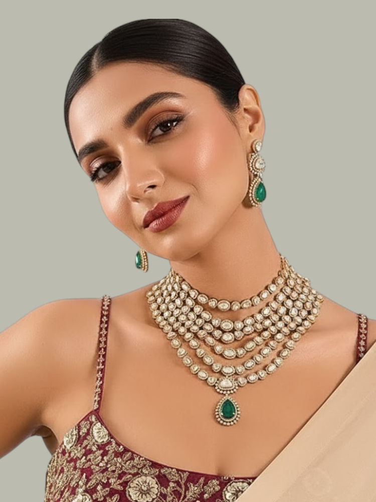 Auraa Trends Royal Multi-Layer Emerald Kundan Necklace Set-image-22