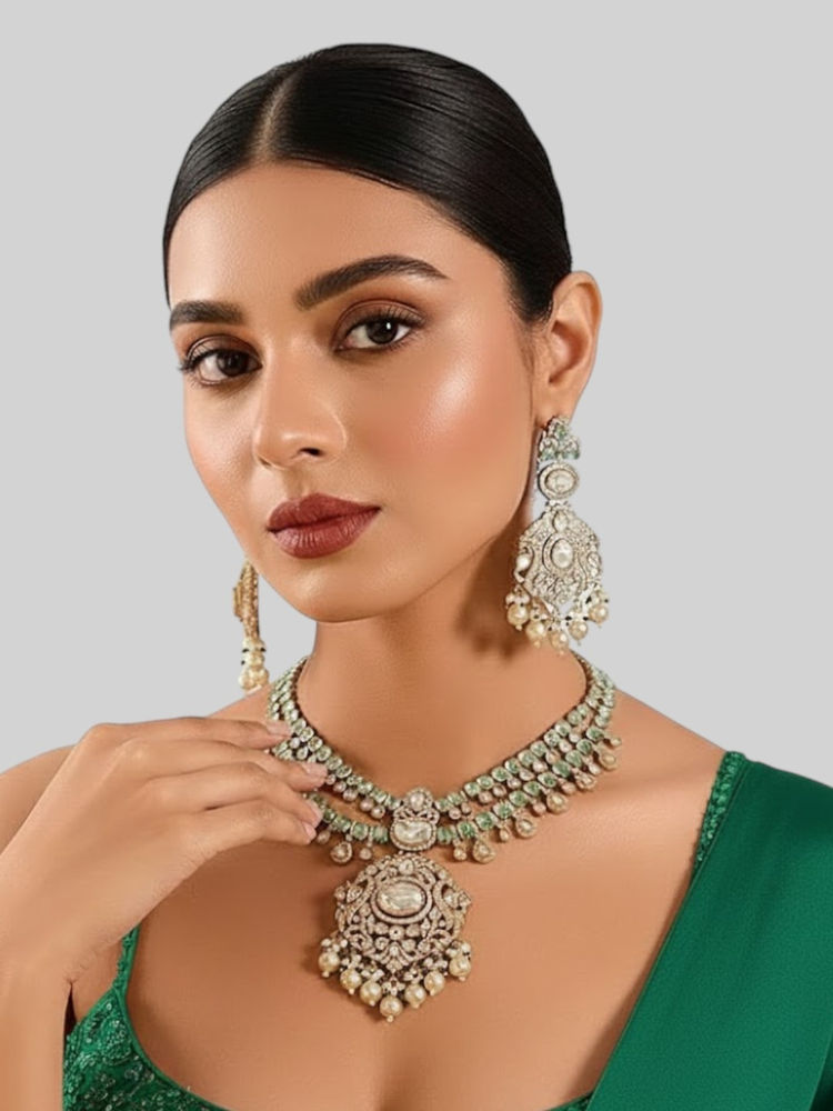 Auraa Trends Gold-Plated Kundan Long Necklace Set with Mint Green Stones and Pearl Drops-image-22