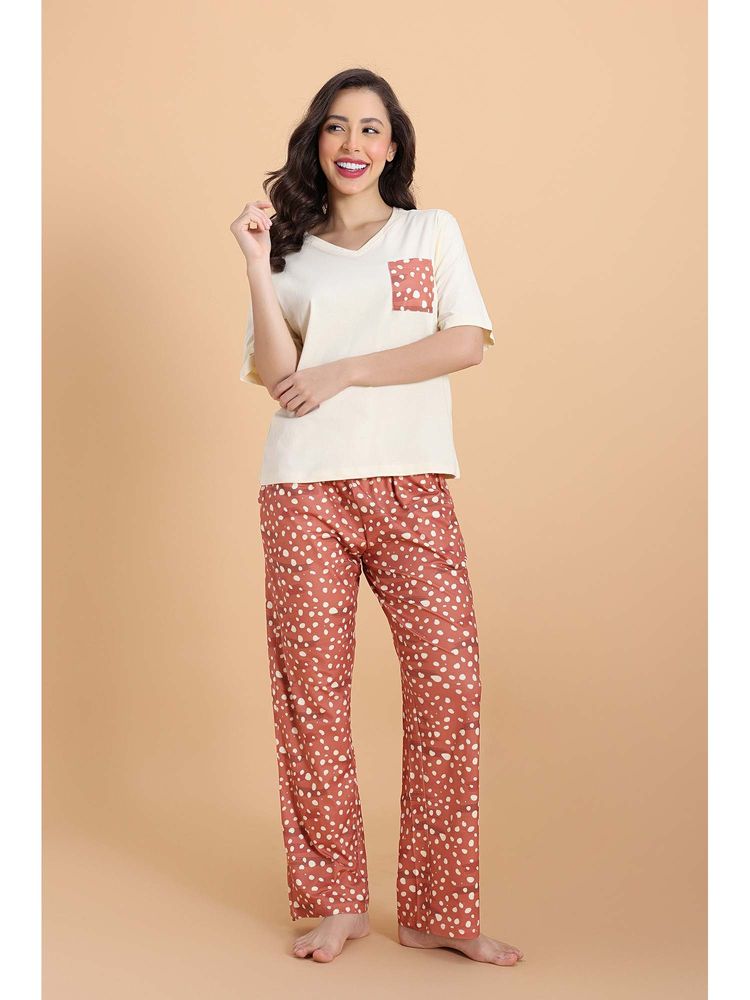 Zivame Knit Cotton Deer Print T-shirt & Pyjama - Raw Sienna White-picture-19
