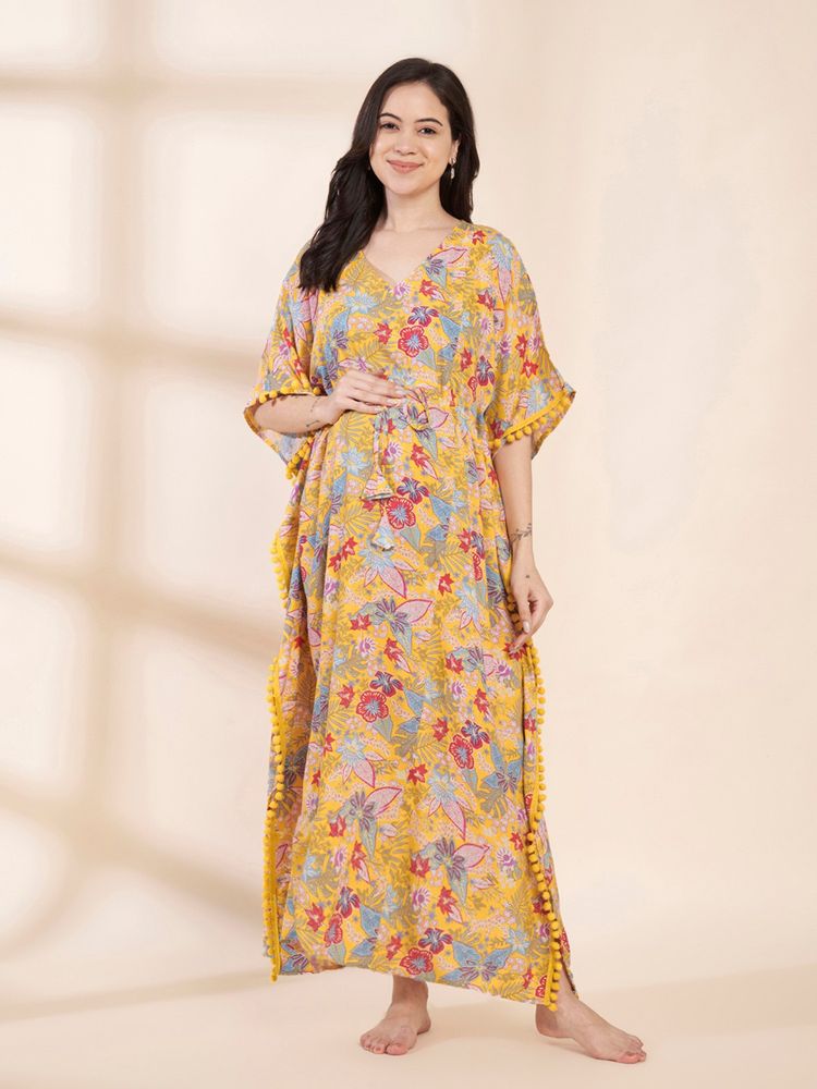 Secret Wish Yellow Floral Rayon Maternity Kaftan-image-45