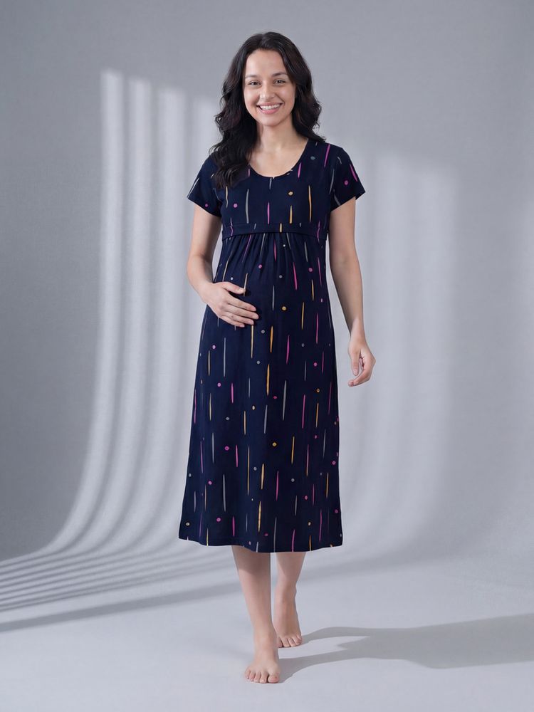 Secret Wish Navy Blue Printed Hosiery Maternity Dress-image-6