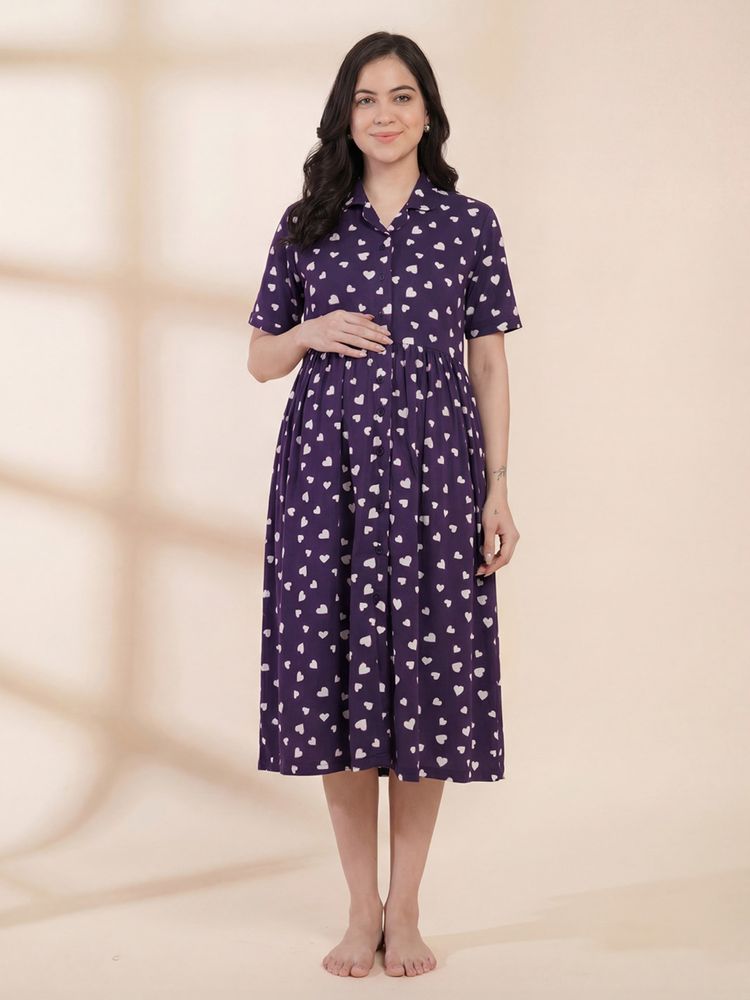 Secret Wish Blue Printed Hosiery Padded Maternity Dress-image-5